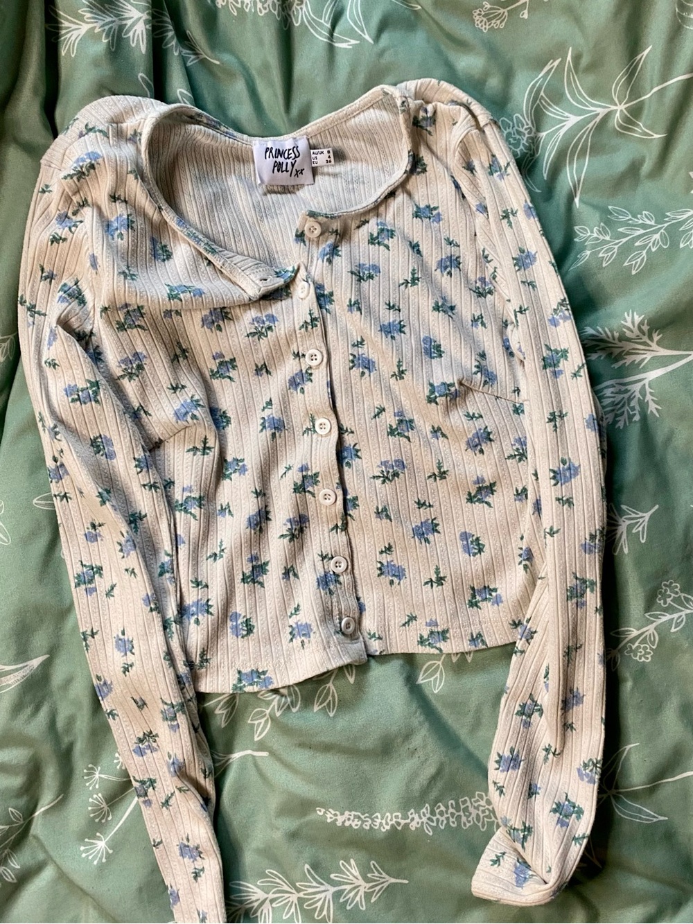 Princess Polly Cream Ribbed Long Sleeve with Blue Floral Print